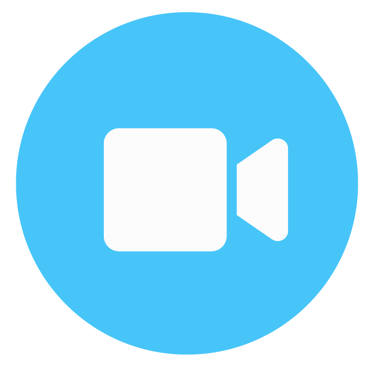 A white video camera icon on a blue background.