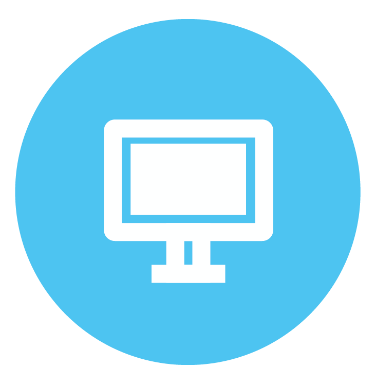 A white desktop computer icon on a blue background.